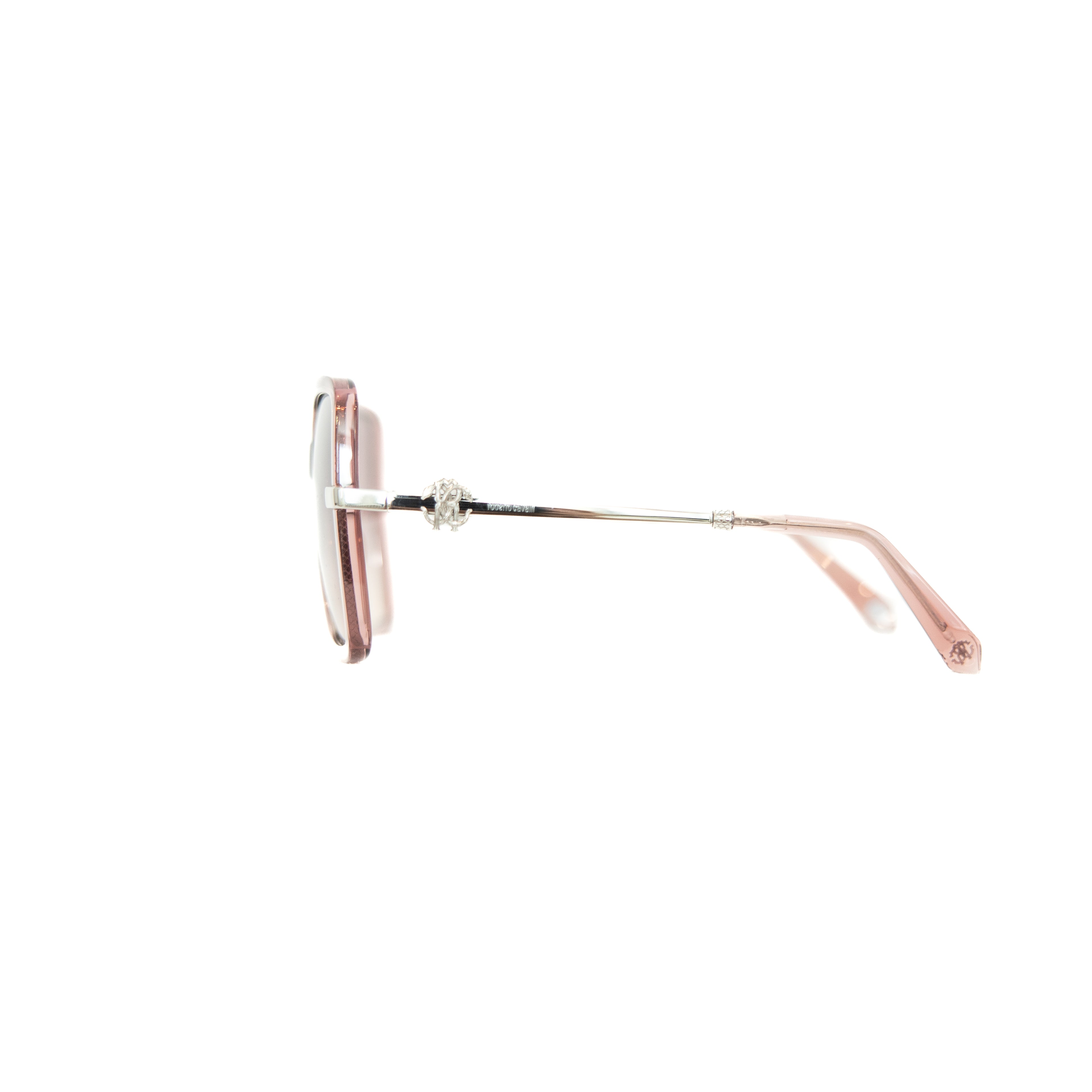 Roberto Cavalli SRC007 sunglasses with a transparent pink frame and brown gradient lenses